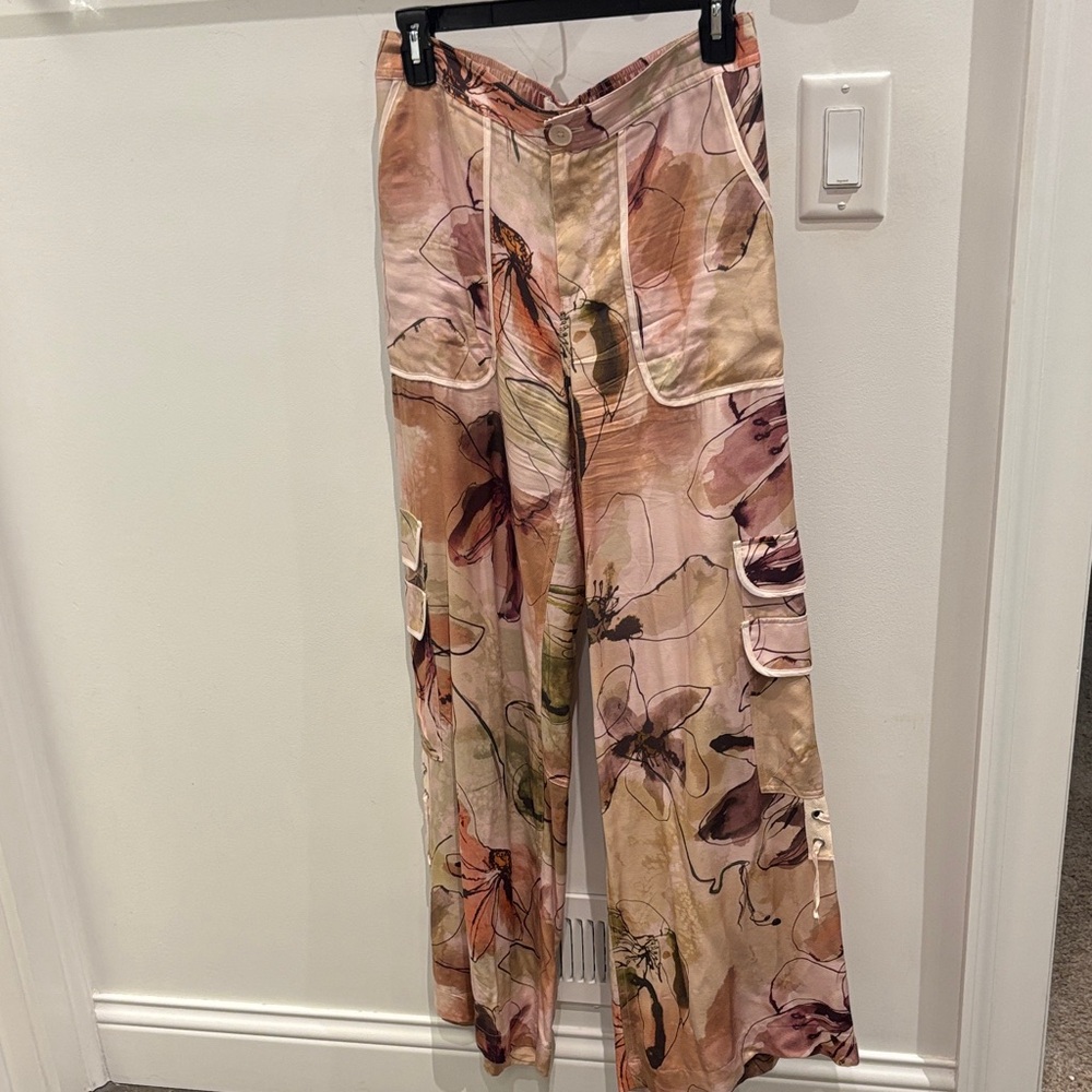 Anthropologie Pink and Cream Floral Wide Leg Pants
